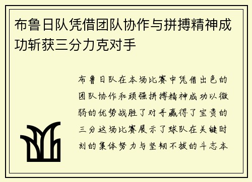 布鲁日队凭借团队协作与拼搏精神成功斩获三分力克对手